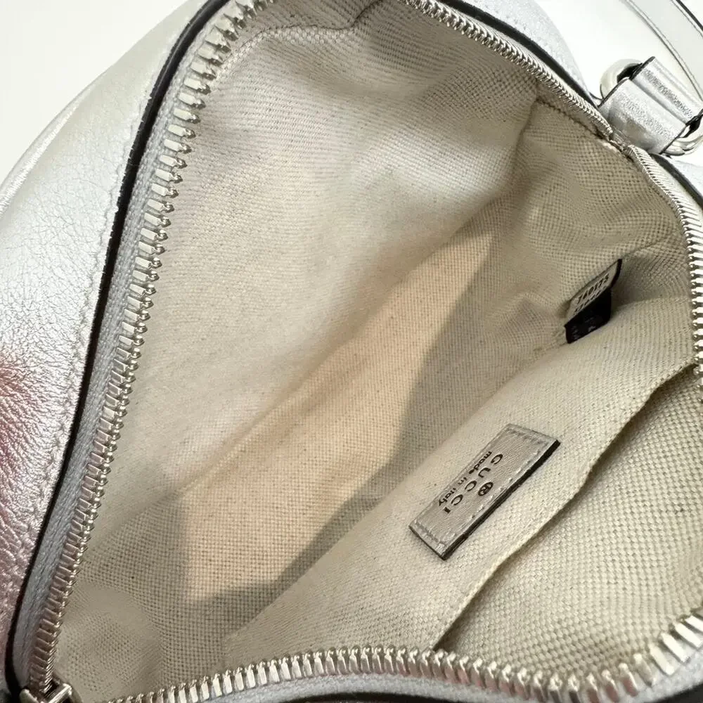 GUCCI Silver Leather GG Logo Oval Blondie Crossbody Bag Metallic Stripe Handbag